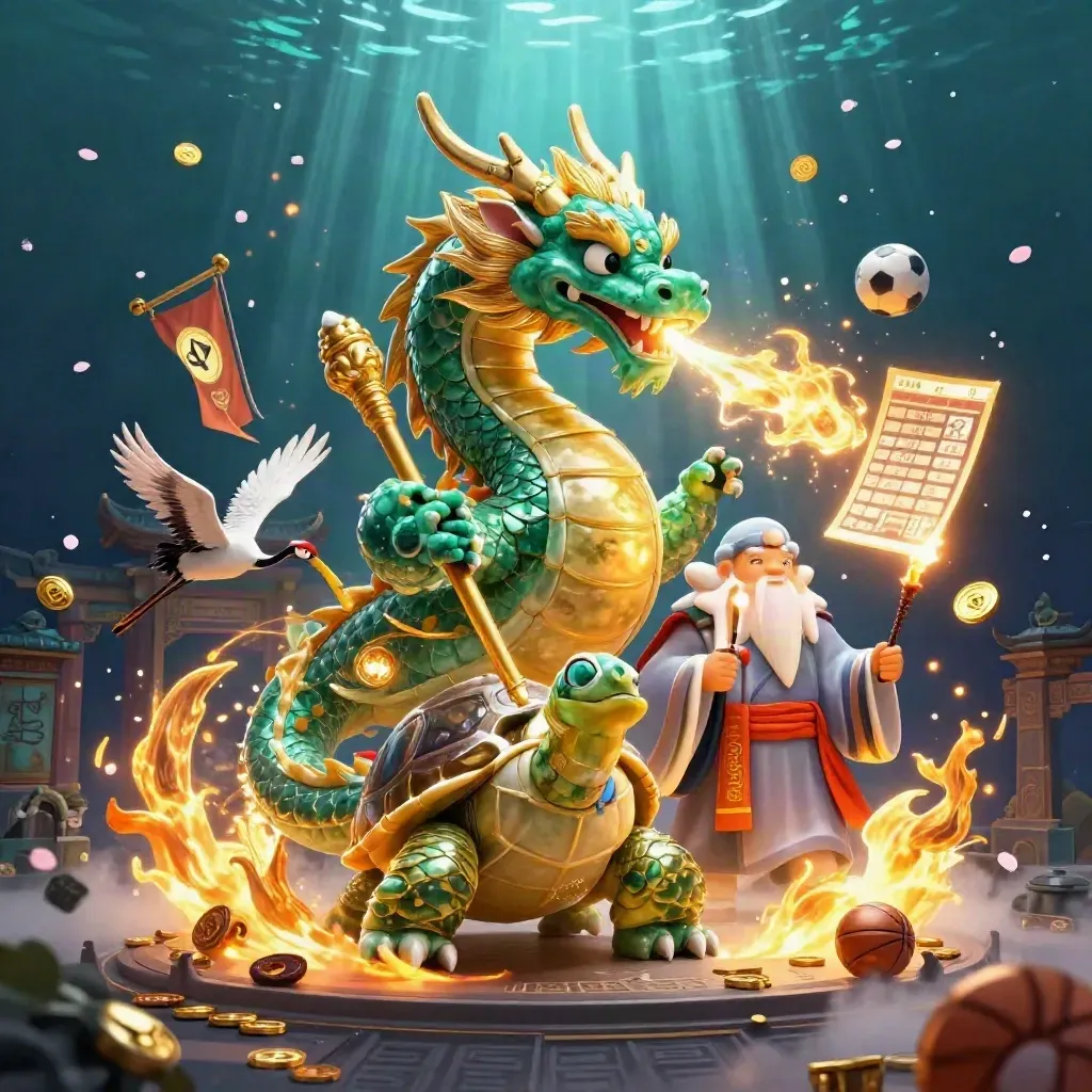 Jade dragon, turtle sage, and cranes in a glowing casino-sports fantasy with balls, coins, and fire