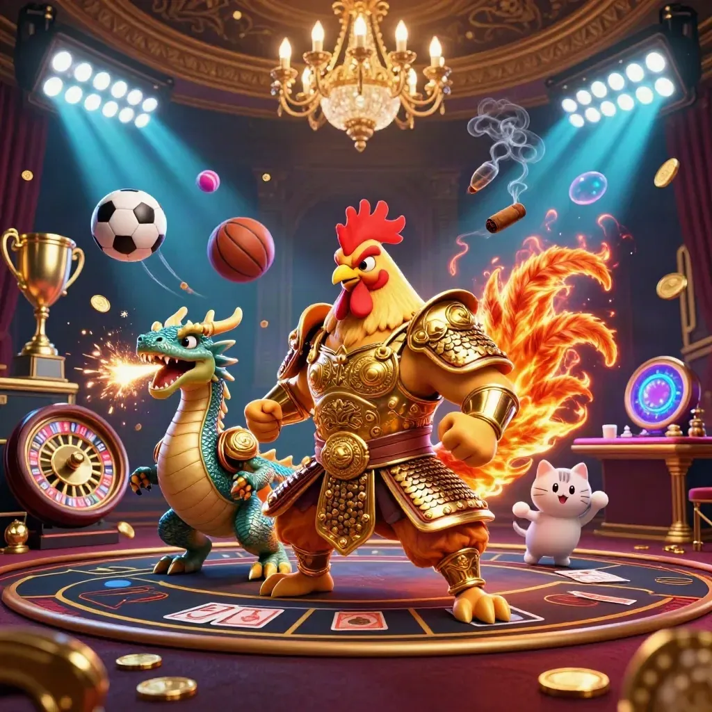 Rooster warrior, dragon hatchling, and fortune-cat in a luxe casino room with glowing sports props.