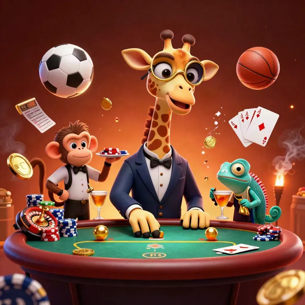 Giraffe, monkey, and chameleon in a casino sports splash with flying coins, balls, and chips.