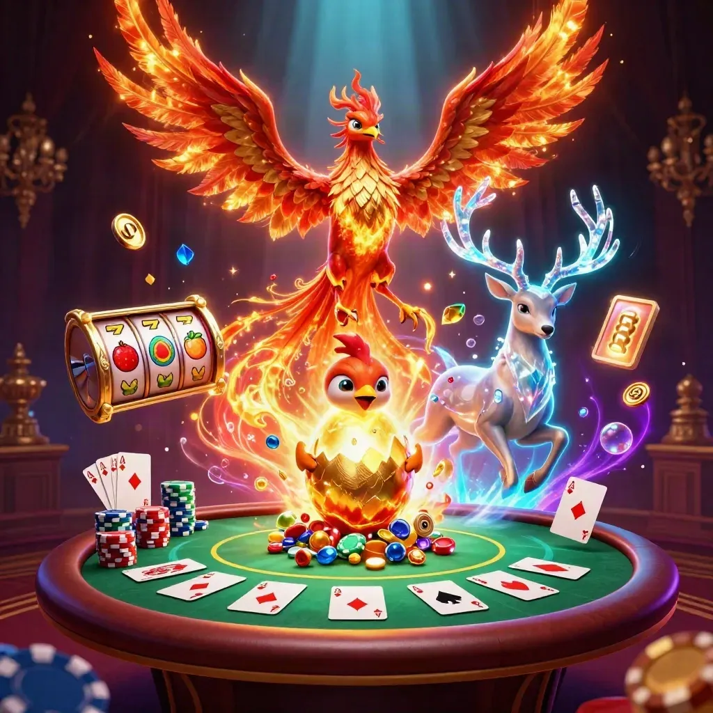 Phoenix, hatching egg and crystal stag amid casino chips, cards, gold vault glow and neon teal light.