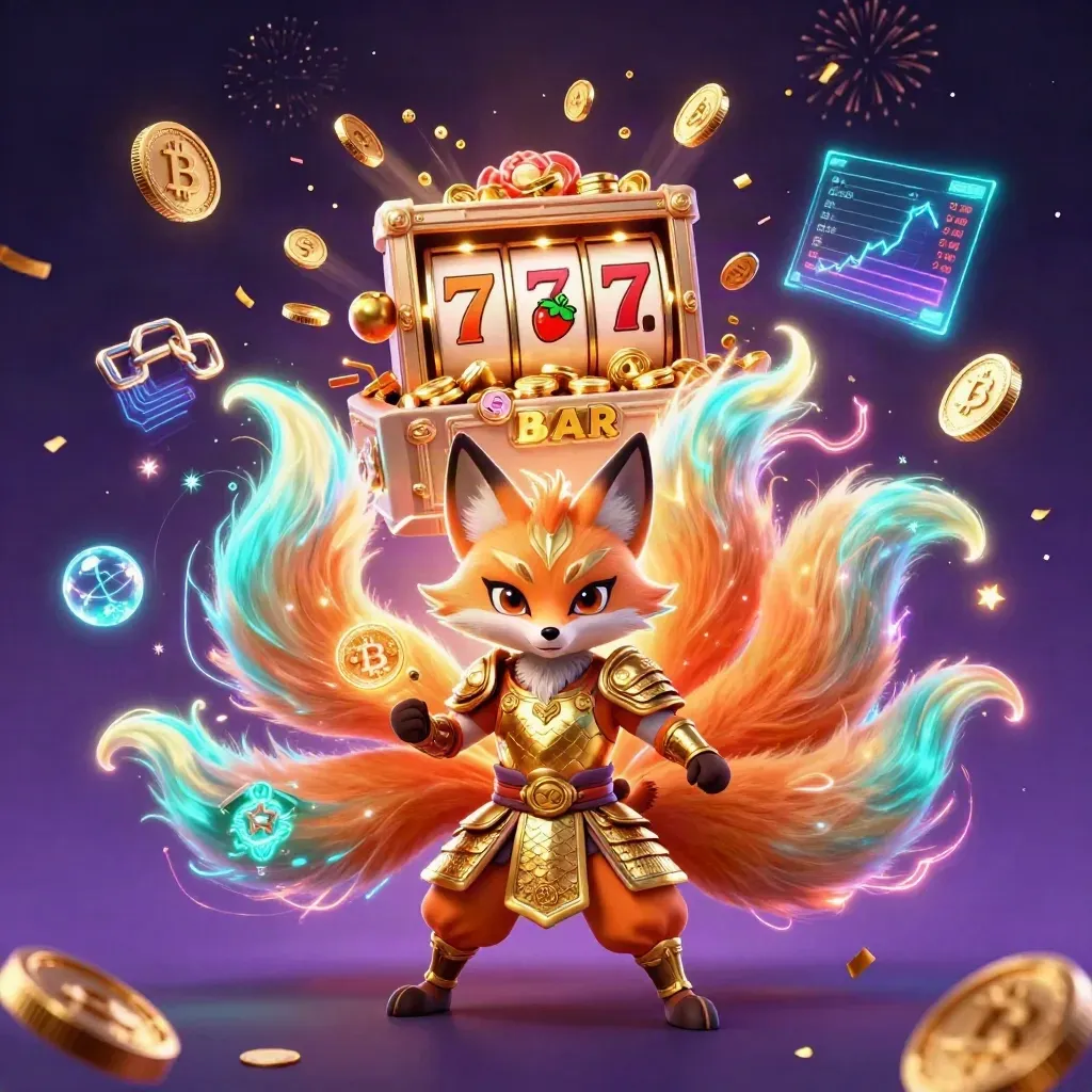 Fox spirit and samurai mouse amid coins, jackpots, fireworks, and neon casino magic.