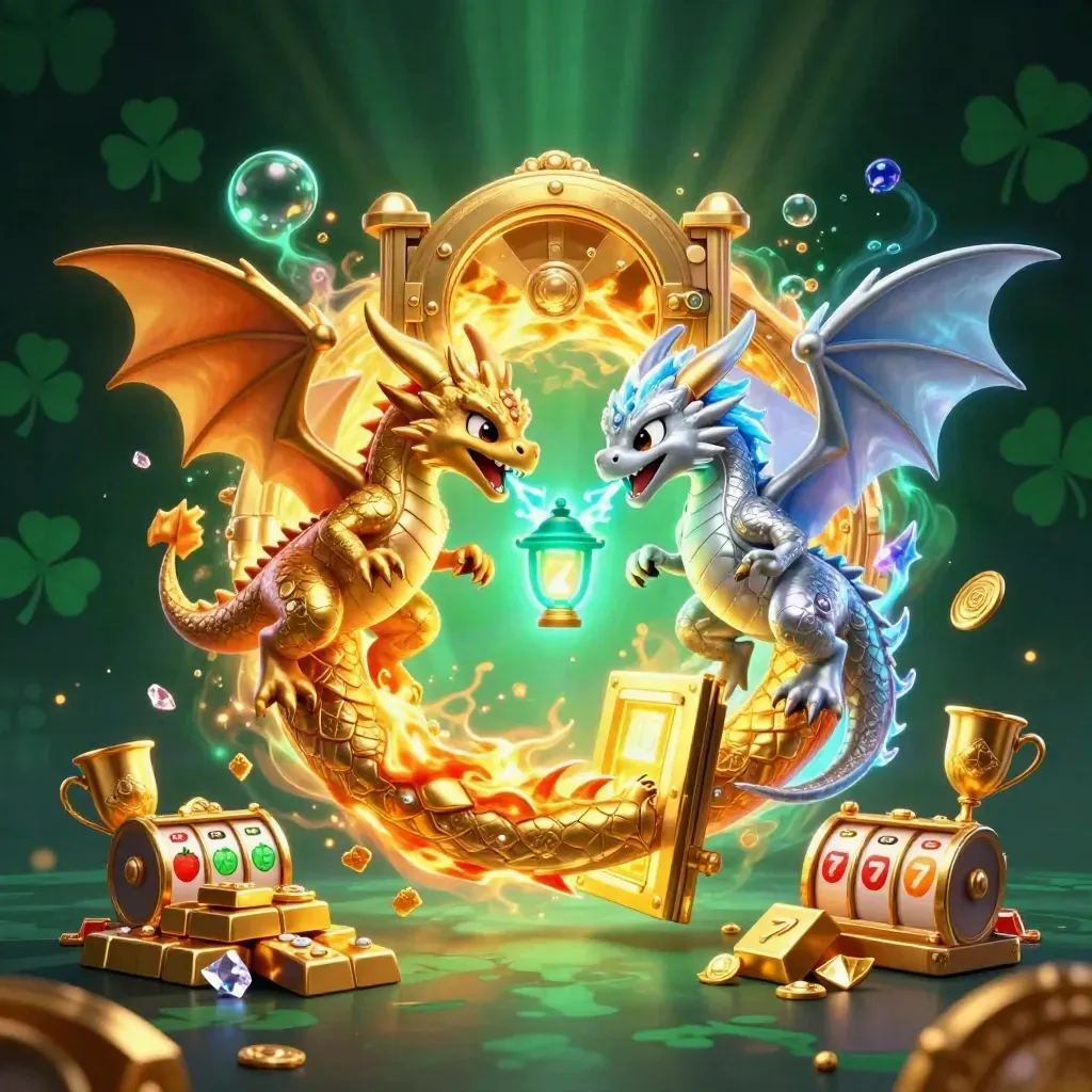 Gold and silver dragons spiral around a teal lantern spirit with casino loot and glowing vault light.