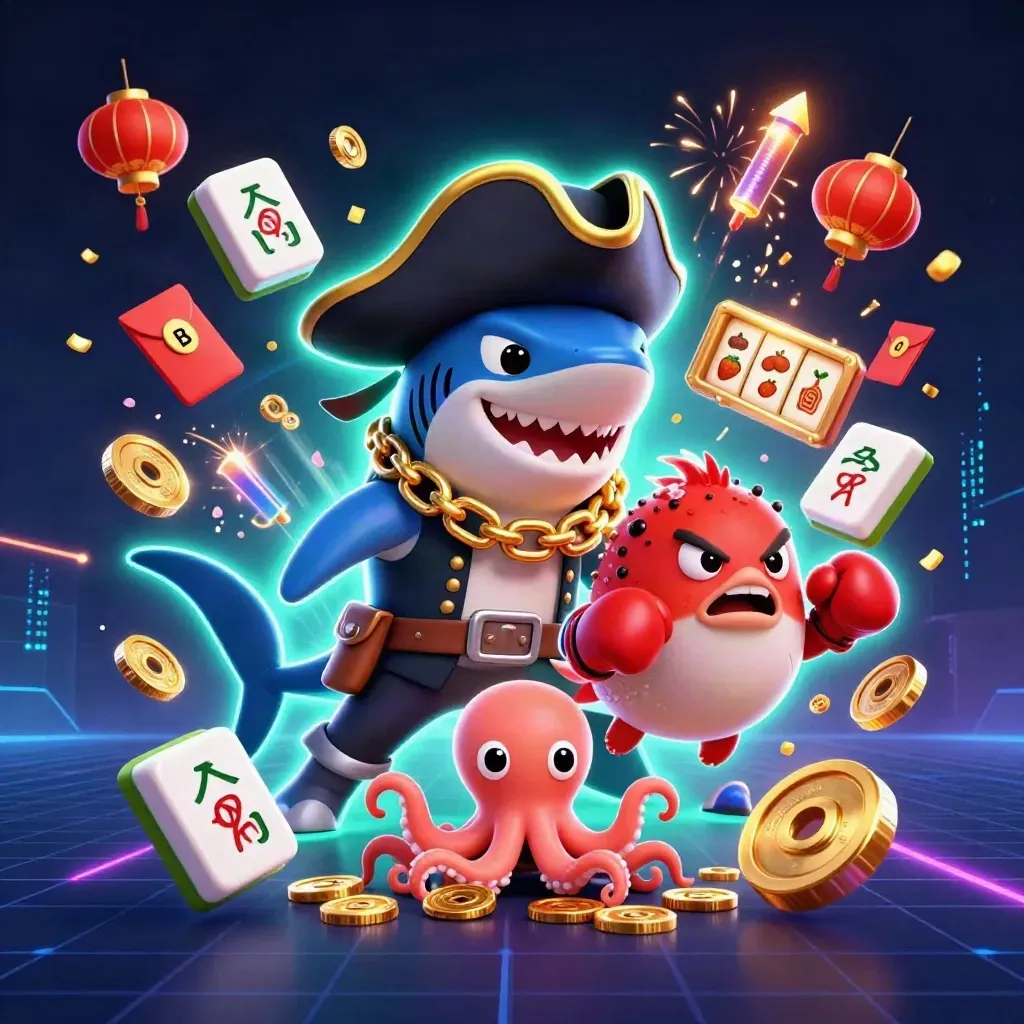 Pirate shark, boxing pufferfish and coin-juggling octopus amid neon casino lanterns and reels